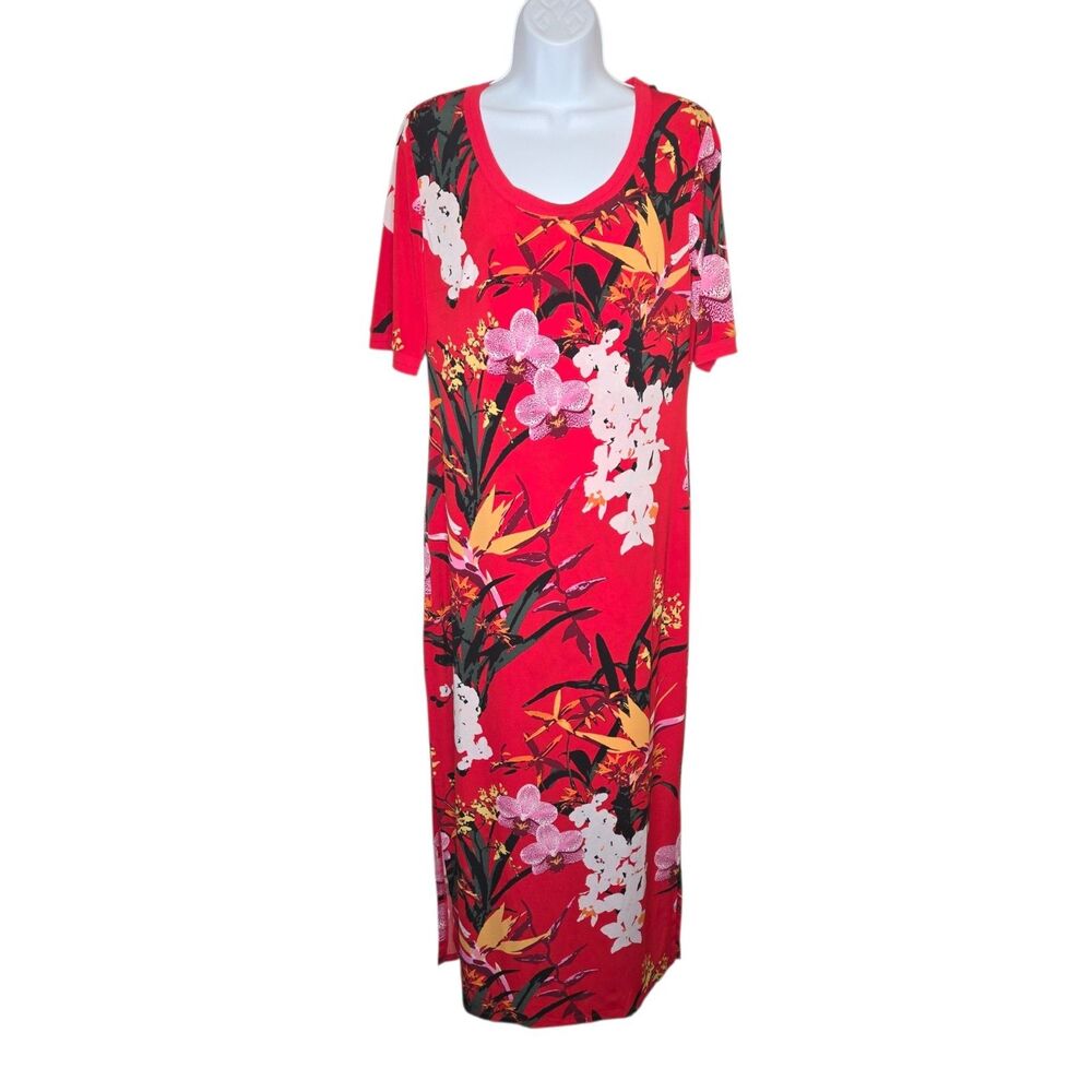 G.I.L.I. Red Tropical Orchid Floral Side Slit Maxi Dress Medium NWOT